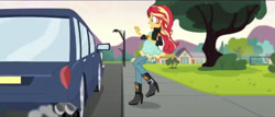 Size: 1023x439 | Tagged: safe, edit, edited screencap, screencap, character:sunset shimmer, comic:a new change, equestria girls:friendship games, g4, my little pony: equestria girls, my little pony:equestria girls, boots, car, clothing, fence, high heel boots, jacket, leather jacket, mountain, pregnant, pregnant edit, raised leg, sidewalk, tree