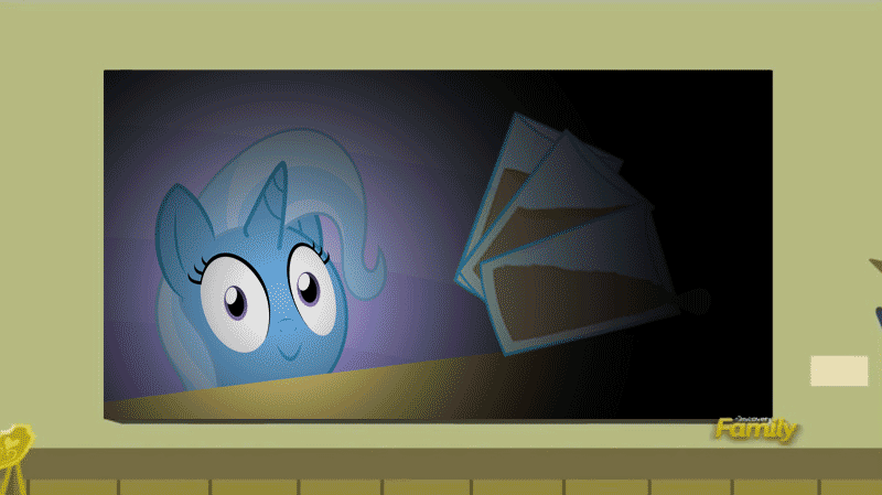 Size: 800x449 | Tagged: safe, edit, edited screencap, screencap, character:trixie, species:pony, species:unicorn, episode:a flurry of emotions, g4, my little pony: friendship is magic, :>, a thousand nights in a hallway, animated, chocolate, chocolate milk, everything is ruined, exploitable meme, female, food, gif, looking at you, meme, milk, pure unfiltered evil, smiling, solo, spilled milk, table, wide eyes