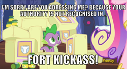 Size: 546x298 | Tagged: safe, edit, edited screencap, screencap, character:princess cadance, character:spike, species:alicorn, species:dragon, species:pony, episode:a flurry of emotions, g4, my little pony: friendship is magic, archer (show), diaper, discovery family logo, female, fort kickass, male, mare, meme, twilight's castle