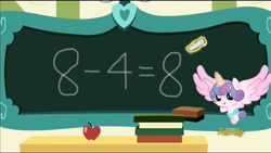 Size: 1280x720 | Tagged: safe, edit, edited screencap, screencap, character:princess flurry heart, species:pony, episode:a flurry of emotions, g4, my little pony: friendship is magic, chalkboard, discovery family logo, exploitable meme, fancy mathematics, female, flurry art, flurry heart's chalkboard, jeffy, math, meme, solo, supermariologan, wrong answer