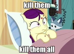 Size: 601x441 | Tagged: safe, edit, edited screencap, screencap, character:boysenberry, species:pony, episode:a flurry of emotions, g4, my little pony: friendship is magic, cute, female, filly, horsey hives, image macro, meme, plushie, ponyville hospital, sick, solo