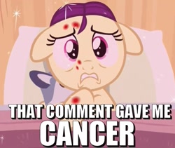 Size: 747x631 | Tagged: safe, edit, edited screencap, screencap, character:boysenberry, episode:a flurry of emotions, g4, my little pony: friendship is magic, cute, female, filly, floppy ears, horsey hives, image macro, meme, plushie, scared, solo, text