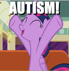 Size: 438x450 | Tagged: safe, edit, edited screencap, screencap, character:twilight sparkle, character:twilight sparkle (alicorn), species:alicorn, species:pony, episode:the saddle row review, g4, my little pony: friendship is magic, autism, autistic twilight, cheering, cropped, female, image macro, meme, solo