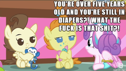 Size: 610x343 | Tagged: safe, edit, edited screencap, screencap, character:pound cake, character:princess flurry heart, character:pumpkin cake, species:pony, episode:a flurry of emotions, g4, my little pony: friendship is magic, discovery family logo, image macro, meme, question, vulgar