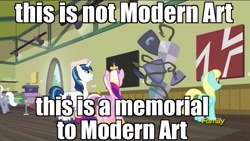 Size: 1920x1080 | Tagged: safe, edit, edited screencap, screencap, character:princess cadance, character:royal riff, character:sassaflash, character:shining armor, species:pony, episode:a flurry of emotions, g4, my little pony: friendship is magic, art exhibition, image macro, meme, modern art, sculpture, shield, the world's end, traditional art