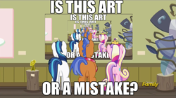 Size: 1563x878 | Tagged: safe, edit, edited screencap, screencap, character:princess cadance, character:shining armor, character:spearhead, species:pony, episode:a flurry of emotions, g4, my little pony: friendship is magic, a thousand nights in a hallway, art gallery, art or a mistake, droste effect, exploitable meme, image macro, inception, infinity, meme, meta, recursion