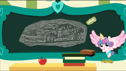 Size: 1280x720 | Tagged: safe, edit, edited screencap, screencap, character:princess flurry heart, species:pony, episode:a flurry of emotions, g4, my little pony: friendship is magic, car, chalkboard, diaper, discovery family logo, drifting, female, flurry art, flurry heart's chalkboard, meme, nissan, nissan silvia, solo