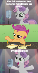 Size: 870x1674 | Tagged: safe, edit, edited screencap, screencap, character:scootaloo, character:sweetie belle, species:pegasus, species:pony, episode:bloom and gloom, episode:ponyville confidential, episode:princess spike, g4, my little pony: friendship is magic, bad sweetie belle joke, bored, clothing, comic, curtains, hat, meme, microphone, notepad, pencil, pun, screencap comic, stage