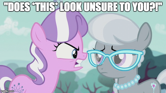 Size: 640x360 | Tagged: safe, edit, edited screencap, screencap, character:diamond tiara, character:silver spoon, species:pony, episode:crusaders of the lost mark, g4, my little pony: friendship is magic, animated, caption, floppy ears, gif, gif with captions, image macro, just one bite, meme, spongebob squarepants