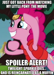 Size: 695x960 | Tagged: safe, edit, edited screencap, screencap, character:pinkie pie, episode:what about discord?, g4, my little pony: friendship is magic, my little pony: the movie (2017), back to the future, female, food, image macro, implied death, implied time travel, meme, muffin, pinkie mcpie, solo, spoiler alert