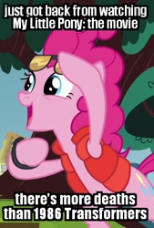 Size: 243x360 | Tagged: safe, edit, edited screencap, screencap, character:pinkie pie, episode:what about discord?, g4, my little pony: friendship is magic, my little pony: the movie (2017), back to the future, clothing, costume, female, image macro, jossed, marty mcfly, meme, outfit catalog, pinkie mcpie, solo, the transformers: the movie, transformers