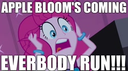 Size: 1280x714 | Tagged: safe, edit, edited screencap, screencap, character:apple bloom, character:pinkie pie, my little pony:equestria girls, spoiler:comic, spoiler:comicholiday2014, anon-a-miss, female, image macro, meme, scared, scary, solo, yelling