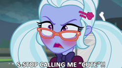 Size: 1280x720 | Tagged: safe, edit, edited screencap, screencap, character:sugarcoat, equestria girls:friendship games, g4, my little pony: equestria girls, my little pony:equestria girls, blushing, cute, embarrassed, female, frown, glare, glasses, i'm not cute, image macro, meme, open mouth, pigtails, solo, sugarcute, tsundere, tsunderecoat, twintails, wide eyes