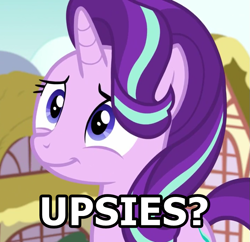 Size: 761x736 | Tagged: safe, edit, edited screencap, screencap, character:starlight glimmer, species:pony, species:unicorn, episode:all bottled up, g4, my little pony: friendship is magic, blue eyes, bronybait, cropped, cute, cutie mark, female, glimmerbetes, hair flip, hair over one eye, horn, ponyville, question, smiling, solo, text, upsies