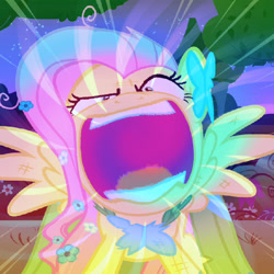 Size: 560x560 | Tagged: safe, edit, edited screencap, screencap, character:fluttershy, species:pony, episode:the best night ever, g4, my little pony: friendship is magic, clothing, cropped, dress, female, flutterrage, gala dress, hypernova, solo, you're going to love me