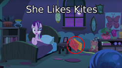 Size: 1920x1080 | Tagged: safe, edit, edited screencap, screencap, character:starlight glimmer, species:pony, species:unicorn, episode:to where and back again, g4, my little pony: friendship is magic, bed, bedroom, clothing, female, foreshadowing, hat, in bed, kite, mare, moon, solo, starlight's room, teddy bear, that pony sure does love kites, waking up, wizard hat