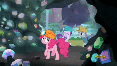 Size: 400x225 | Tagged: safe, edit, edited screencap, screencap, character:maud pie, character:pinkie pie, character:starlight glimmer, species:pony, episode:lesson zero, episode:rock solid friendship, g4, my little pony: friendship is magic, animated, atomic rainboom, discovery family logo, dynamite, dynamite plunger, explosives, gem, gem cave, gif, helmet, mine, mining helmet