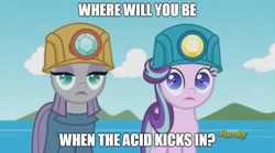 Size: 896x499 | Tagged: safe, edit, edited screencap, screencap, character:maud pie, character:starlight glimmer, species:pony, episode:rock solid friendship, g4, my little pony: friendship is magic, discovery family logo, helmet, implied drugs, meme, mining helmet, shrunken pupils, where will you be when the drugs kick in?