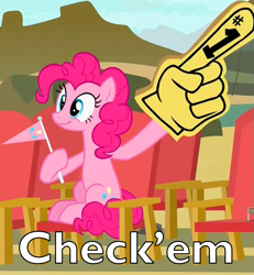 Size: 985x1065 | Tagged: safe, edit, edited screencap, screencap, character:pinkie pie, species:pony, episode:rock solid friendship, g4, my little pony: friendship is magic, check em, cropped, dubs, female, foam finger, solo