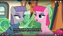 Size: 1366x768 | Tagged: safe, edit, edited screencap, screencap, character:maud pie, character:pinkie pie, species:pony, episode:rock solid friendship, g4, my little pony: friendship is magic, behaving like maud pie, caption, discovery family logo, friendship express, imitation, meme, youtube, youtube caption