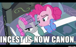 Size: 610x381 | Tagged: safe, edit, edited screencap, screencap, character:maud pie, character:pinkie pie, species:earth pony, species:pony, ship:pinkiemaud, episode:rock solid friendship, g4, my little pony: friendship is magic, bed, canon, caption, clothing, female, image macro, implied sex, incest, lesbian, meme, out of context, pajamas, piecest, pillow, shipping