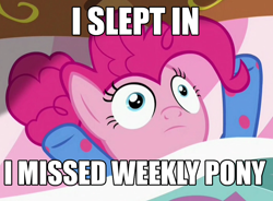 Size: 1054x774 | Tagged: safe, edit, edited screencap, screencap, character:pinkie pie, species:pony, episode:rock solid friendship, g4, my little pony: friendship is magic, bed, clothing, faec, female, footed sleeper, image macro, meme, pajamas, solo, wide eyes