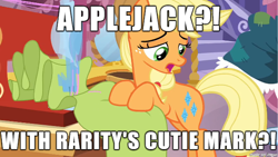 Size: 610x343 | Tagged: safe, edit, edited screencap, screencap, character:applejack, species:earth pony, species:pony, episode:magical mystery cure, g4, my little pony: friendship is magic, background pony strikes again, critical research failure, female, image macro, meme, op is a slowpoke, solo, swapped cutie marks