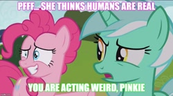 Size: 890x500 | Tagged: safe, edit, edited screencap, screencap, character:lyra heartstrings, character:pinkie pie, species:pony, episode:rock solid friendship, g4, my little pony: friendship is magic, grin, humie, nervous, nervous grin, smiling