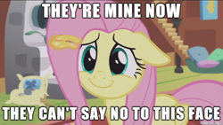 Size: 610x343 | Tagged: safe, edit, edited screencap, screencap, character:fluttershy, species:pony, episode:fluttershy leans in, g4, my little pony: friendship is magic, butterfly, female, image macro, meme, oven, pet bed, pot, smiling, solo, stairs