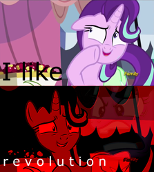 Size: 1280x1437 | Tagged: safe, edit, edited screencap, screencap, character:starlight glimmer, species:pony, episode:rock solid friendship, g4, my little pony: friendship is magic, discovery family logo, exploitable meme, faec, female, meme, quiet, ragelight glimmer, revolution, solo, stalin glimmer, starlight's confessions