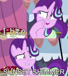 Size: 500x559 | Tagged: safe, edit, edited screencap, screencap, character:starlight glimmer, character:sunset shimmer, ship:shimmerglimmer, episode:rock solid friendship, g4, my little pony: friendship is magic, exploitable meme, female, implied lesbian, implied shimmerglimmer, implied sunset shimmer, lesbian, meme, shipping, solo, starlight's confessions, text