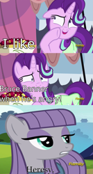 Size: 887x1656 | Tagged: safe, edit, edited screencap, screencap, character:maud pie, character:starlight glimmer, species:pony, episode:rock solid friendship, g4, my little pony: friendship is magic, bruce banner, discovery family logo, exploitable meme, heresy, meme, obligatory pony, starlight's confessions, the incredible hulk, wrong aspect ratio