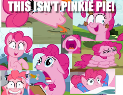 Size: 1046x812 | Tagged: safe, edit, screencap, character:pinkie pie, species:earth pony, species:pony, episode:rock solid friendship, g4, my little pony: friendship is magic, background pony strikes again, blatant lies, comparison, duckery in the description, faec, flanderization, image macro, meme, op is a duck, op is trying to start shit, pinkie drama, the treachery of images