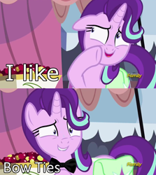 Size: 1256x1406 | Tagged: safe, edit, edited screencap, screencap, character:starlight glimmer, species:pony, species:unicorn, episode:rock solid friendship, g4, my little pony: friendship is magic, bow tie, bowties are cool, discovery family logo, doctor who, eleventh doctor, exploitable meme, female, image macro, meme, shrunken pupils, solo, starlight's confessions, sweat