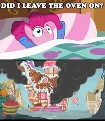 Size: 600x693 | Tagged: safe, edit, edited screencap, screencap, character:pinkie pie, species:pony, episode:rock solid friendship, g4, my little pony: friendship is magic, female, footed sleeper, smoke, solo, sugarcube corner