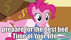 Size: 1920x1090 | Tagged: safe, edit, edited screencap, screencap, character:pinkie pie, species:pony, episode:rock solid friendship, g4, my little pony: friendship is magic, clothing, female, footed sleeper, image macro, meme, pajamas, solo