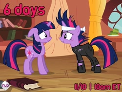 Size: 744x563 | Tagged: safe, edit, edited screencap, official, screencap, character:twilight sparkle, character:twilight sparkle (unicorn), species:pony, species:unicorn, episode:it's about time, g4, my little pony: friendship is magic, alternate hairstyle, catsuit, countdown, cropped, duo, eyepatch, female, floppy ears, future twilight, hub logo, hubble, hype, mare, scar, season 3, self paradox, self ponidox, the hub