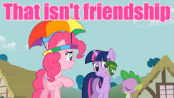 Size: 720x405 | Tagged: safe, edit, edited screencap, screencap, character:pinkie pie, character:spike, character:twilight sparkle, character:twilight sparkle (unicorn), species:dragon, species:earth pony, species:pony, species:unicorn, episode:feeling pinkie keen, g4, my little pony: friendship is magic, clothing, female, frog, hat, image macro, male, mare, meme, pink text, raised hoof, umbrella hat