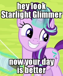 Size: 392x473 | Tagged: safe, edit, edited screencap, screencap, character:starlight glimmer, species:pony, species:unicorn, episode:rock solid friendship, g4, my little pony: friendship is magic, bronybait, cropped, cute, female, glimmerbetes, glowing horn, good end, grin, happy, horn, image macro, levitation, looking back, magic, mare, meme, opinion, smiling, solo, squee, subversion, subverted meme, telekinesis, truth, your day is awesome, your day is ruined