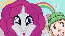 Size: 1200x659 | Tagged: safe, edit, edited screencap, screencap, character:rarity, character:sweetie belle, species:pony, episode:forever filly, g4, my little pony: friendship is magic, clothing, costume, crossover, female, flower, flower costume, flowerity, hiker dave, meme, photobomb, pokémon, squishy cheeks