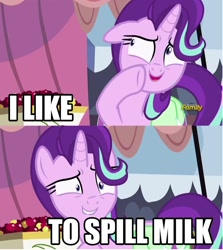 Size: 804x902 | Tagged: safe, edit, edited screencap, screencap, character:starlight glimmer, species:pony, episode:rock solid friendship, g4, my little pony: friendship is magic, chocolate, chocolate milk, everything is ruined, exploitable meme, female, image macro, meme, milk, pure unfiltered evil, solo, spilled milk, starlight's confessions