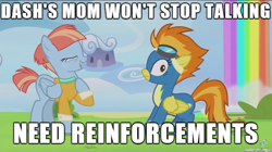 Size: 610x342 | Tagged: safe, edit, edited screencap, screencap, character:spitfire, character:windy whistles, species:pegasus, species:pony, episode:parental glideance, g4, my little pony: friendship is magic, clothing, eyes closed, female, frown, image macro, looking at you, mare, meme, rainbow fall, raised hoof, shirt, talking, text, uniform, wide eyes, wonderbolts uniform, worried