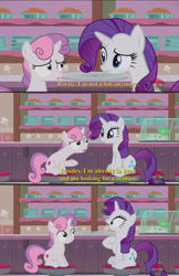 Size: 1920x2971 | Tagged: safe, edit, edited screencap, screencap, character:rarity, character:sweetie belle, species:pony, species:unicorn, episode:forever filly, g4, my little pony: friendship is magic, cutie mark, dialogue, estrus, eye contact, female, filly, frown, gasp, horny, looking at each other, mare, open mouth, raised eyebrow, screencap comic, shocked, shocked expression, sitting, smiling, stool, text, the cmc's cutie marks, treehouse logo, underhoof, wide eyes