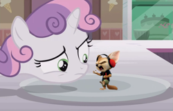 Size: 691x446 | Tagged: safe, edit, edited screencap, screencap, character:sweetie belle, species:fennec fox, species:fox, species:pony, episode:forever filly, g4, my little pony: friendship is magic, finnick, sweetie's plate, zootopia