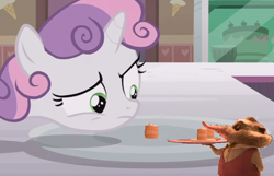 Size: 684x441 | Tagged: safe, edit, edited screencap, screencap, character:sweetie belle, species:pony, species:unicorn, episode:forever filly, g4, my little pony: friendship is magic, cake, critter, food, meme, plate, servant, shrew, sweetie's plate, zootopia