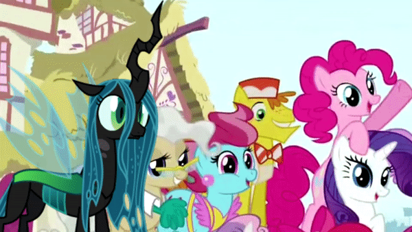 Size: 600x338 | Tagged: safe, derpibooru original, edit, edited screencap, screencap, character:apple bloom, character:carrot cake, character:cup cake, character:mayor mare, character:pinkie pie, character:queen chrysalis, character:rarity, character:scootaloo, character:sweetie belle, species:changeling, species:earth pony, species:pegasus, species:pony, species:unicorn, a better ending for chrysalis, alternate scenario, alternate universe, animated, changeling queen, character development, comparison, cropped, cute, cutealis, dork, dorkalis, edited edit, female, former queen chrysalis, gif, intro, meta, opening, parody, reformed, smiling, soon, theme song, what if, when she smiles
