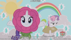 Size: 1280x715 | Tagged: safe, edit, edited screencap, screencap, character:rarity, character:sweetie belle, species:pony, episode:forever filly, g4, my little pony: friendship is magic, flower, flower costume, flowerity, genesis, looking at you, peter gabriel, reference, seedie belle, smiling, song reference, supper's ready, sweetie belle is not amused, treehouse, treehouse logo, unamused