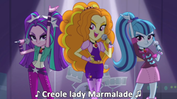 Size: 1280x720 | Tagged: safe, edit, edited screencap, screencap, character:adagio dazzle, character:aria blaze, character:sonata dusk, equestria girls:rainbow rocks, g4, my little pony: equestria girls, my little pony:equestria girls, christina aguilera, evil grin, grin, labelle, lady marmalade, lil kim, looking at you, microphone, moulin rouge, music notes, mya, p!nk, reference, singing, smiling, song reference, the dazzlings, under our spell