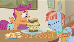 Size: 1280x720 | Tagged: safe, edit, edited screencap, screencap, character:scootaloo, character:windy whistles, species:pegasus, species:pony, episode:parental glideance, g4, my little pony: friendship is magic, food, grin, happy, image macro, meme, orange text, pasta and potato sandwich on sourdough, sandwich, scootadoption, smiling