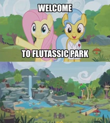 Size: 1494x1666 | Tagged: safe, edit, edited screencap, screencap, character:clementine, character:doctor fauna, character:fluttershy, species:bird, species:duck, species:earth pony, species:goat, species:mallard, species:pegasus, species:pony, episode:fluttershy leans in, g4, my little pony: friendship is magic, animal, beaver, caption, clothing, common loon, female, giraffe, jurassic park, loon, mare, otter, raccoon, smoky, smoky jr., softpad, sweet feather sanctuary, waterfall